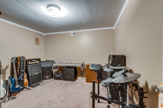 interior space with carpet floors, visible vents, and ornamental molding