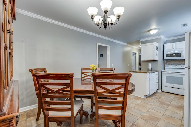 dining area featuring light tile patterned floors, baseboards, visible vents, ornamental molding, and an inviting chandelier