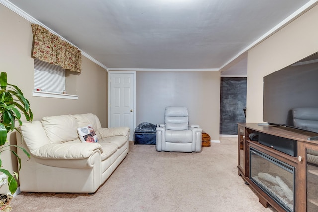 carpeted living area with ornamental molding