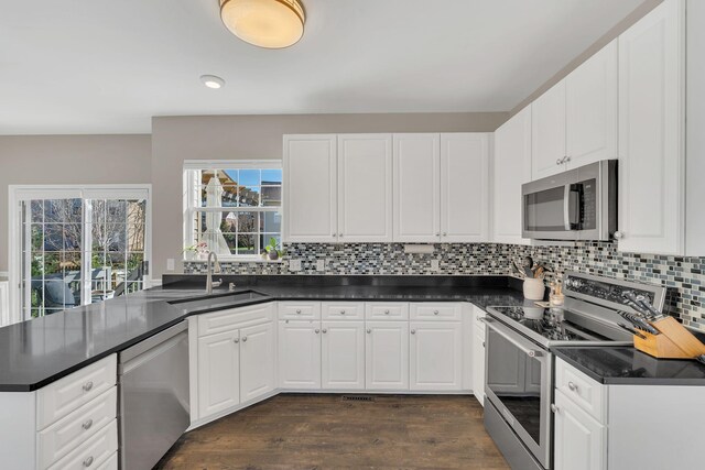 kitchen featuring dark wood-style flooring, dark countertops, decorative backsplash, appliances with stainless steel finishes, and a sink