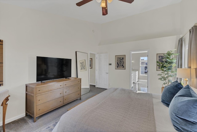 bedroom featuring a ceiling fan, carpet flooring, and baseboards