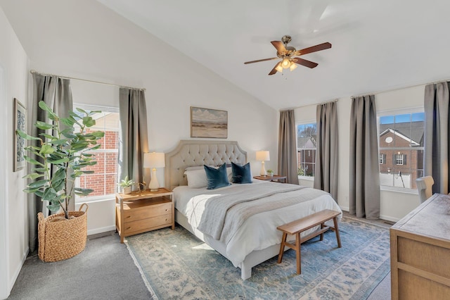 bedroom featuring vaulted ceiling, carpet, a ceiling fan, and baseboards