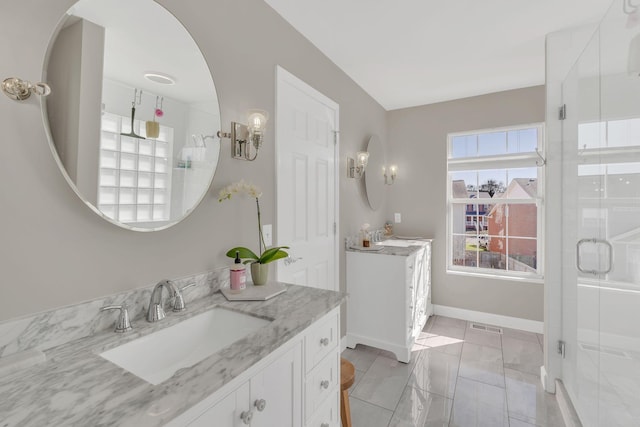 full bathroom with visible vents, a shower stall, vanity, and baseboards