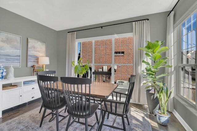 dining area featuring baseboards and dark wood-style flooring