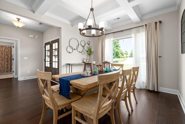 dining area featuring dark wood-type flooring, french doors, coffered ceiling, and baseboards