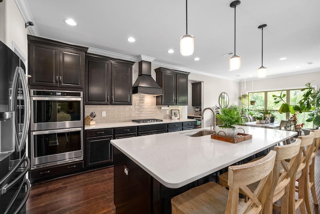 kitchen featuring tasteful backsplash, custom range hood, appliances with stainless steel finishes, dark wood-style flooring, and a sink