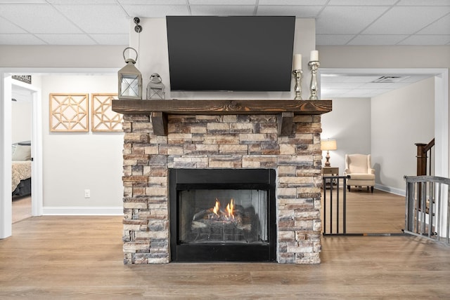 details featuring a paneled ceiling, wood finished floors, and a stone fireplace