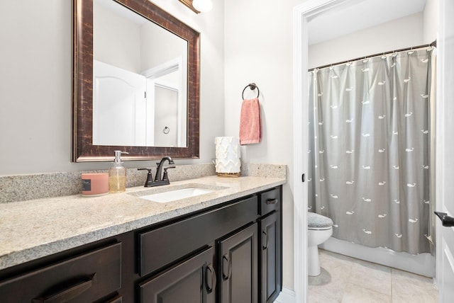 bathroom featuring tile patterned flooring, vanity, toilet, and shower / bathtub combination with curtain