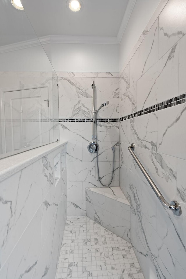 full bath featuring ornamental molding, a marble finish shower, and recessed lighting