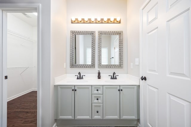 full bath featuring a walk in closet, wood finished floors, a sink, and double vanity