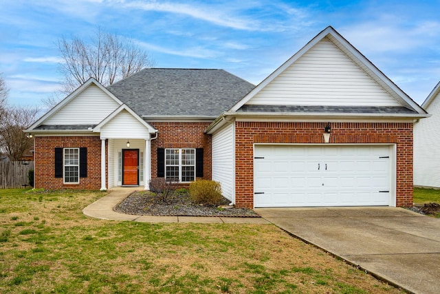 view of front of house featuring a garage, a shingled roof, concrete driveway, a front lawn, and brick siding