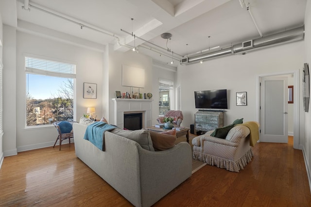 living area with baseboards, a fireplace, a high ceiling, and wood finished floors