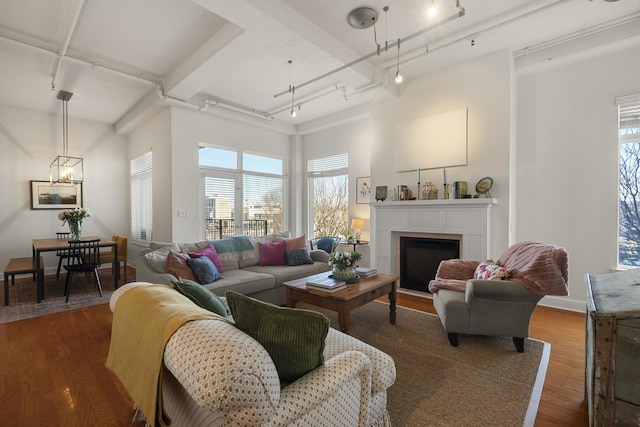 living room featuring a fireplace with flush hearth, wood finished floors, a wealth of natural light, and track lighting