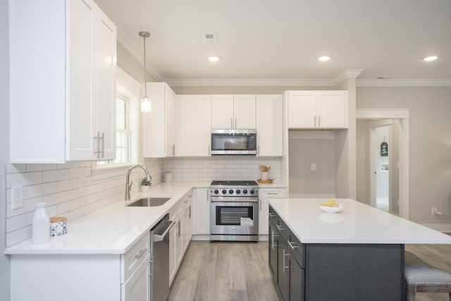 kitchen featuring stainless steel appliances, a sink, and white cabinetry