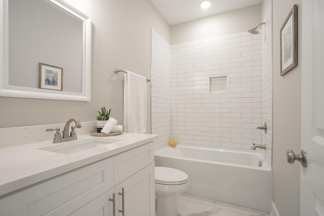 bathroom with shower / bathtub combination, marble finish floor, vanity, and toilet