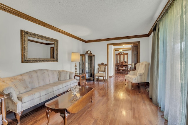 living area featuring light wood-style floors, a textured ceiling, and crown molding