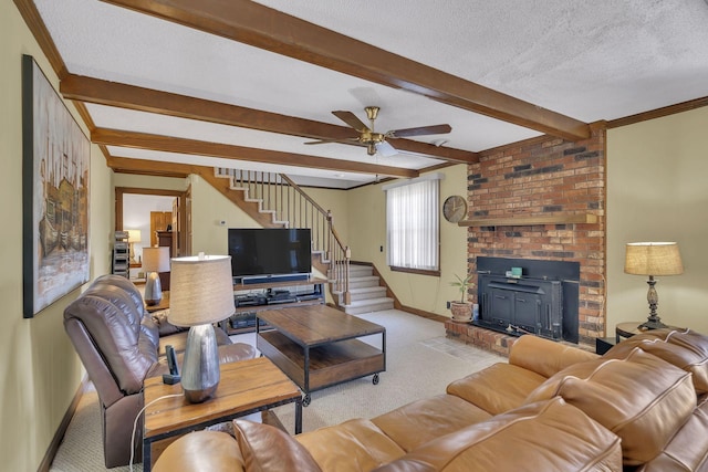 living area with a textured ceiling, light carpet, baseboards, stairs, and beamed ceiling