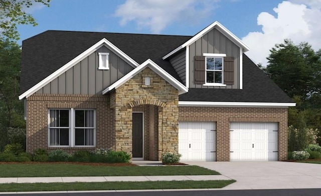 view of front of home with board and batten siding, concrete driveway, and brick siding