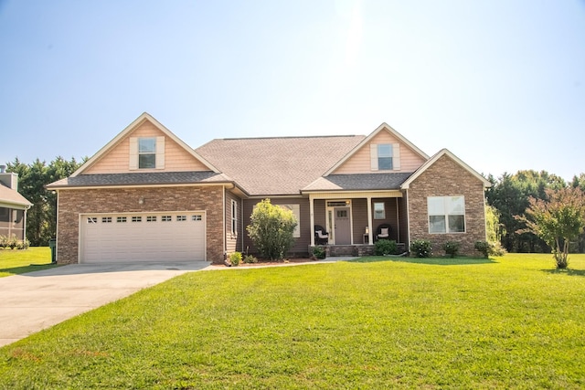 craftsman house with concrete driveway, a front lawn, an attached garage, and brick siding