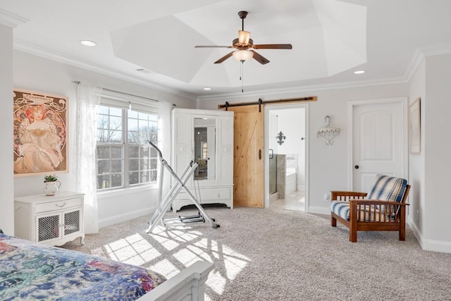 carpeted bedroom with crown molding, recessed lighting, a raised ceiling, a barn door, and baseboards