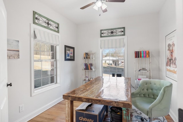 home office with a healthy amount of sunlight, light wood-style flooring, and baseboards