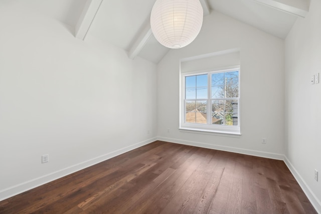 unfurnished room with vaulted ceiling with beams, baseboards, and dark wood finished floors