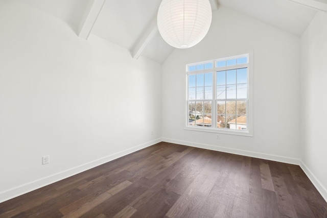 spare room with dark wood-style floors, beam ceiling, high vaulted ceiling, and baseboards