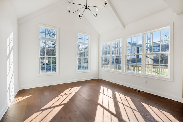 unfurnished sunroom with lofted ceiling with beams, visible vents, and a notable chandelier