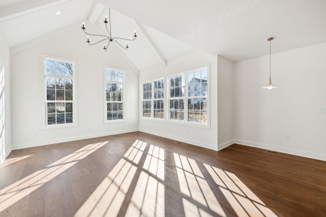 interior space featuring lofted ceiling with beams, an inviting chandelier, baseboards, and dark wood-style floors