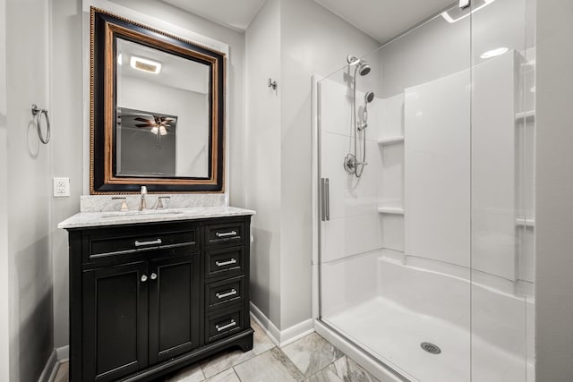 full bathroom with vanity, visible vents, baseboards, marble finish floor, and a stall shower