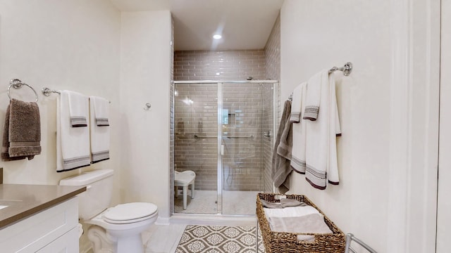 full bathroom with toilet, a stall shower, a baseboard heating unit, and vanity