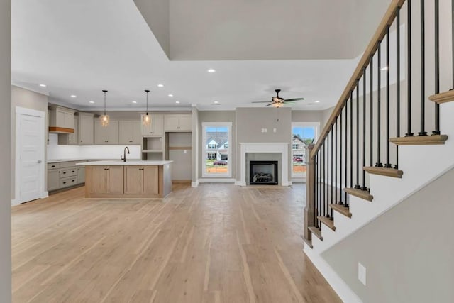 919 Licinius Ln, Murfreesboro, TN 37128 - kitchen with a sink, open floor plan, a ceiling fan, recessed lighting, and light wood finished floors