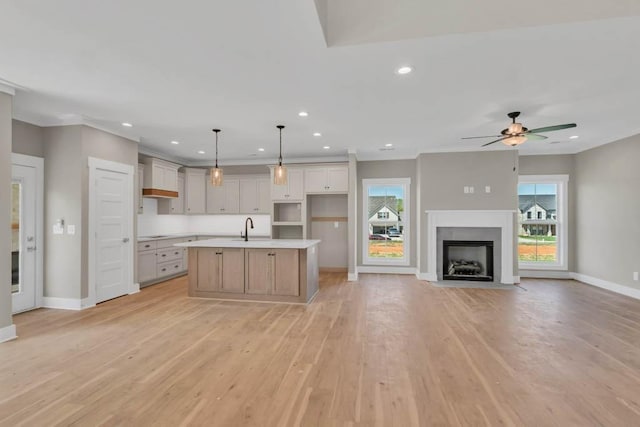 919 Licinius Ln, Murfreesboro, TN 37128 - kitchen featuring a sink, open floor plan, light countertops, light wood finished floors, and a center island with sink