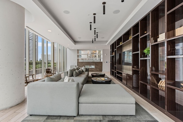 living area with a raised ceiling and wood finished floors