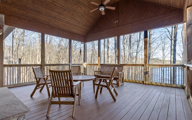 sunroom featuring lofted ceiling, wooden ceiling, and ceiling fan