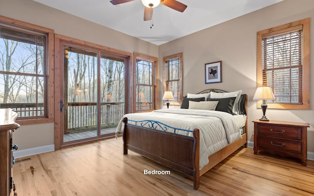 bedroom with access to outside, visible vents, baseboards, and light wood-style flooring