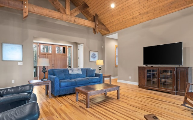 living room with high vaulted ceiling, wood ceiling, baseboards, and light wood finished floors