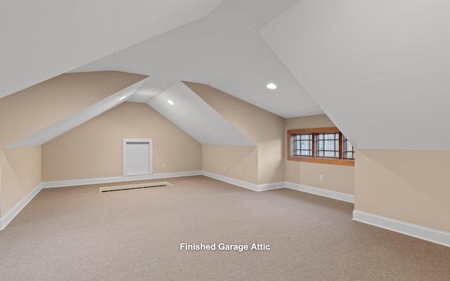 bonus room with recessed lighting, carpet flooring, vaulted ceiling, and baseboards