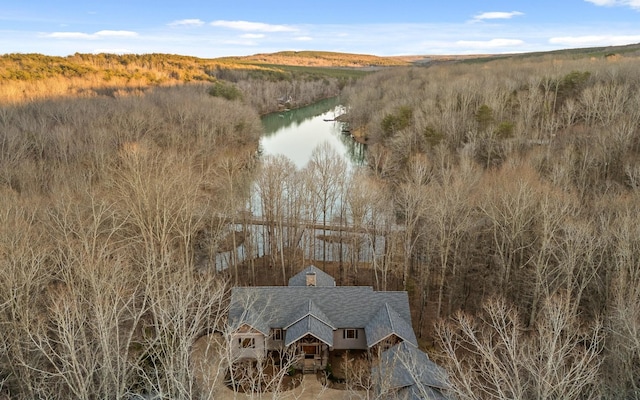 bird's eye view featuring a water view and a view of trees