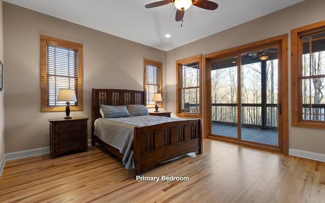 bedroom with recessed lighting, a ceiling fan, baseboards, access to exterior, and light wood-type flooring