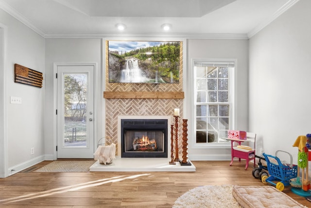 interior space featuring crown molding, visible vents, hardwood / wood-style floors, a large fireplace, and baseboards