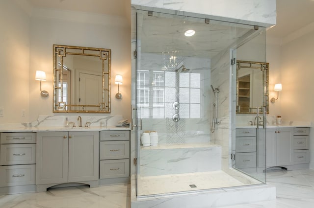 full bathroom featuring marble finish floor, a marble finish shower, vanity, and crown molding