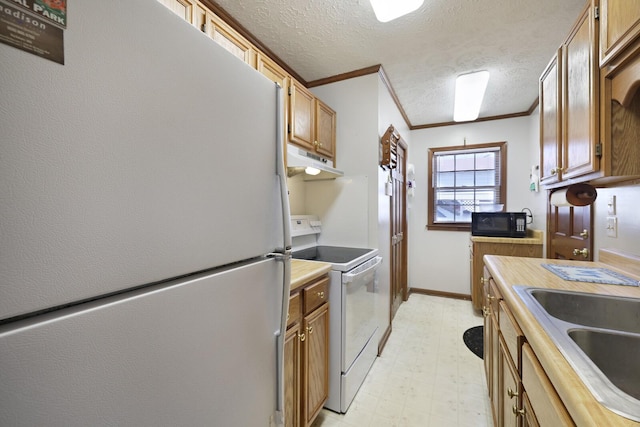 kitchen featuring under cabinet range hood, white appliances, a sink, light floors, and crown molding