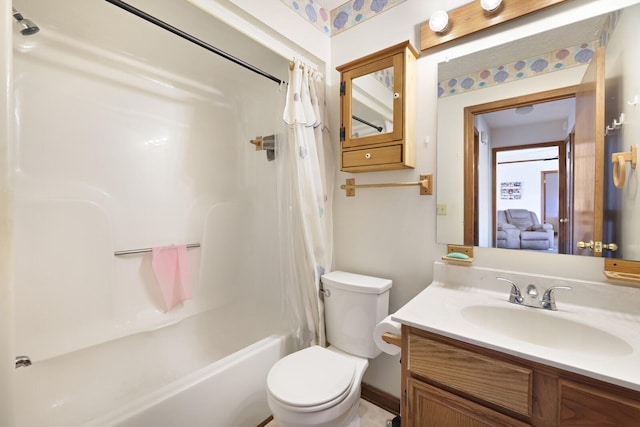 full bath featuring shower / tub combo, vanity, and toilet