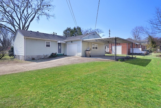 rear view of house with an attached garage, a carport, concrete driveway, and a yard