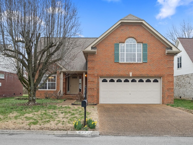 traditional home featuring a garage, concrete driveway, brick siding, and a shingled roof