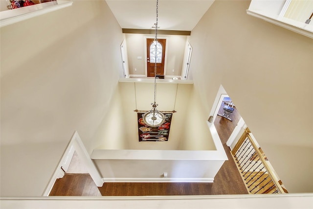 foyer entrance with a towering ceiling and wood finished floors