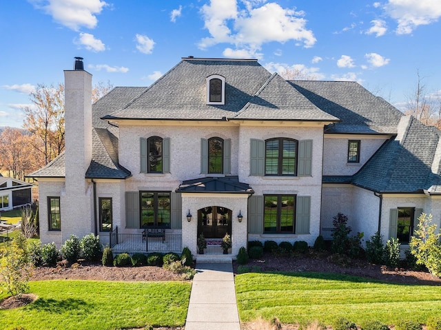 french country inspired facade featuring brick siding, a front lawn, french doors, and roof with shingles