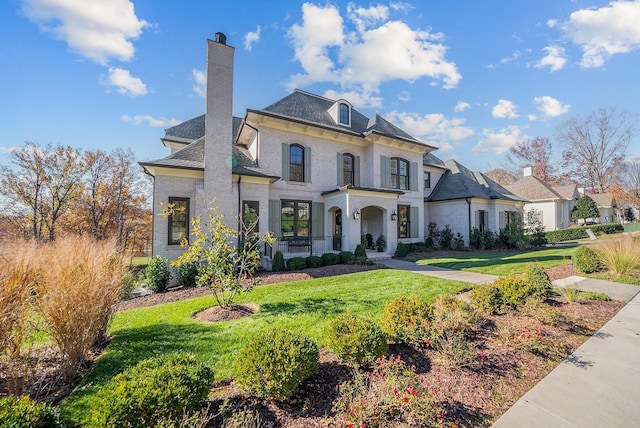 view of front of property featuring brick siding, a chimney, and a front lawn