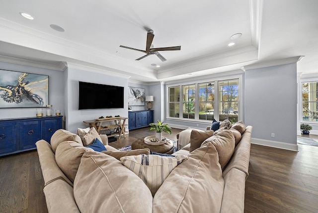 living area with baseboards, a tray ceiling, dark wood finished floors, and ornamental molding